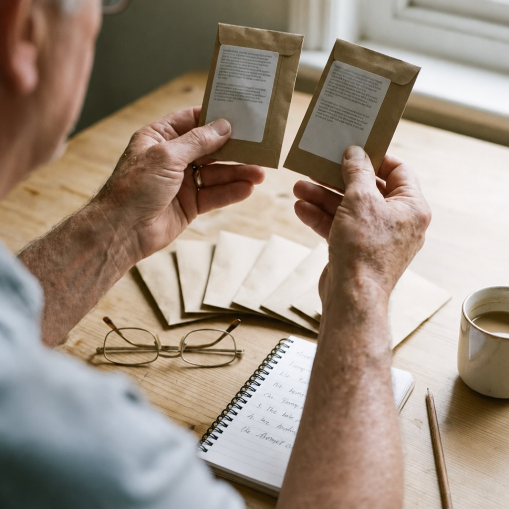 Hands comparing the printed labels on two seed packets at a kitchen table
