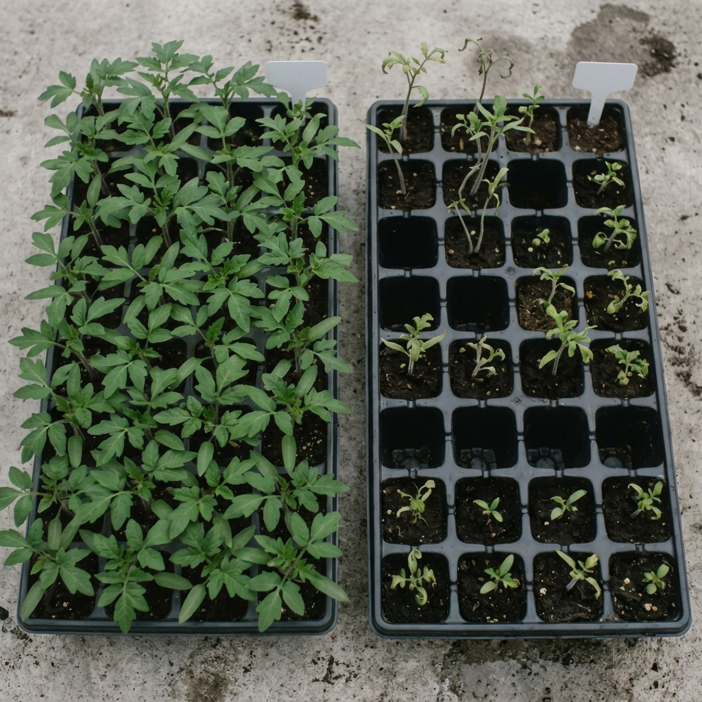 Two seedling trays sown the same day: one uniform and strong, one stunted and uneven