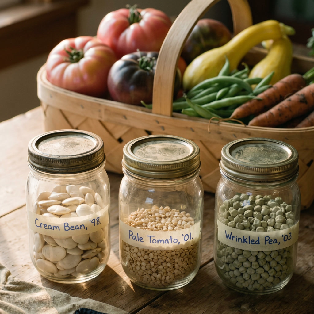 Saved heirloom seed in labelled glass jars beside a harvest basket